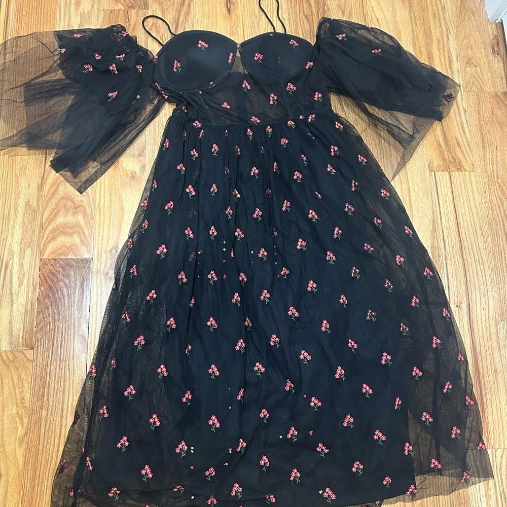 ASOS Floral Black Mesh Dress with Corset Details - Picture 2 of 12